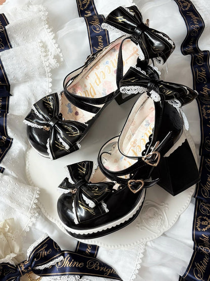 Crisscross Design Heels Bow High Top Block Black Heart Buckles Detachable at