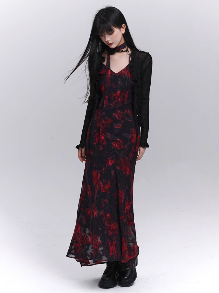 Floral Length Red and Black V-Neck Ankle Slip Dress