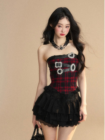 Black Plaid Rhinestone Buckles Lace Trim Glamorous Strapless Top Red