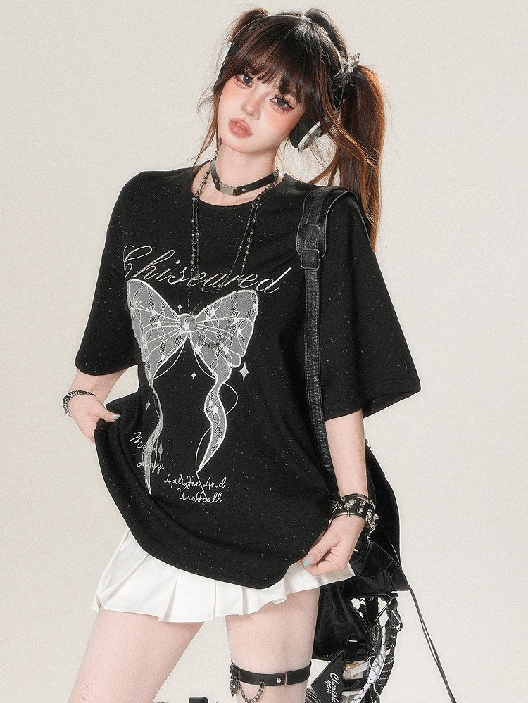 Kawaii T-shirt Print Applique And Daily Letter Bow Star Big White/Black
