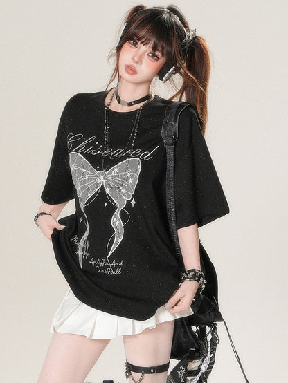 Kawaii T-shirt Print Applique And Daily Letter Bow Star Big White/Black