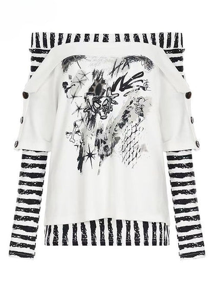 Striped Sleeves WhiteBlack Top Design Print Pattern Neckline Long Off-the-shoulder