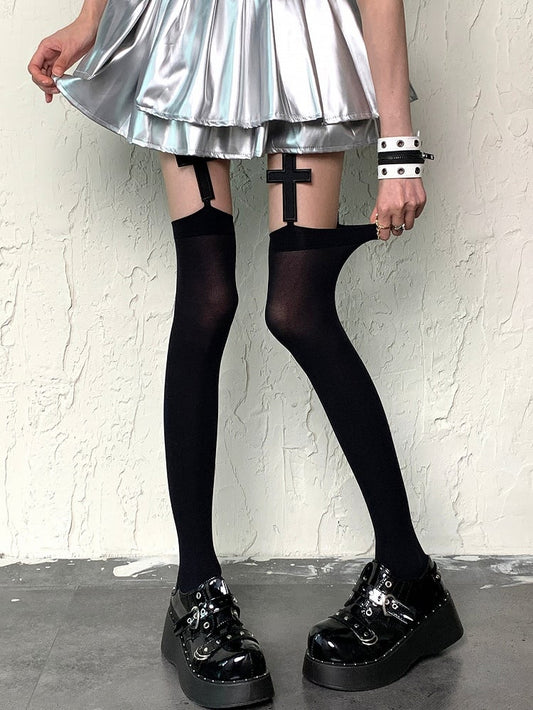 Cross Black//White Suspender Applique Y2K Stockings