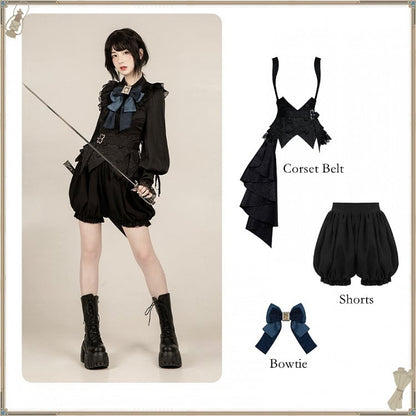 Straps with Blue - Black Bloomer Ouji Bowtie Boned Set Belt Corset Shorts Lolita + Gothic
