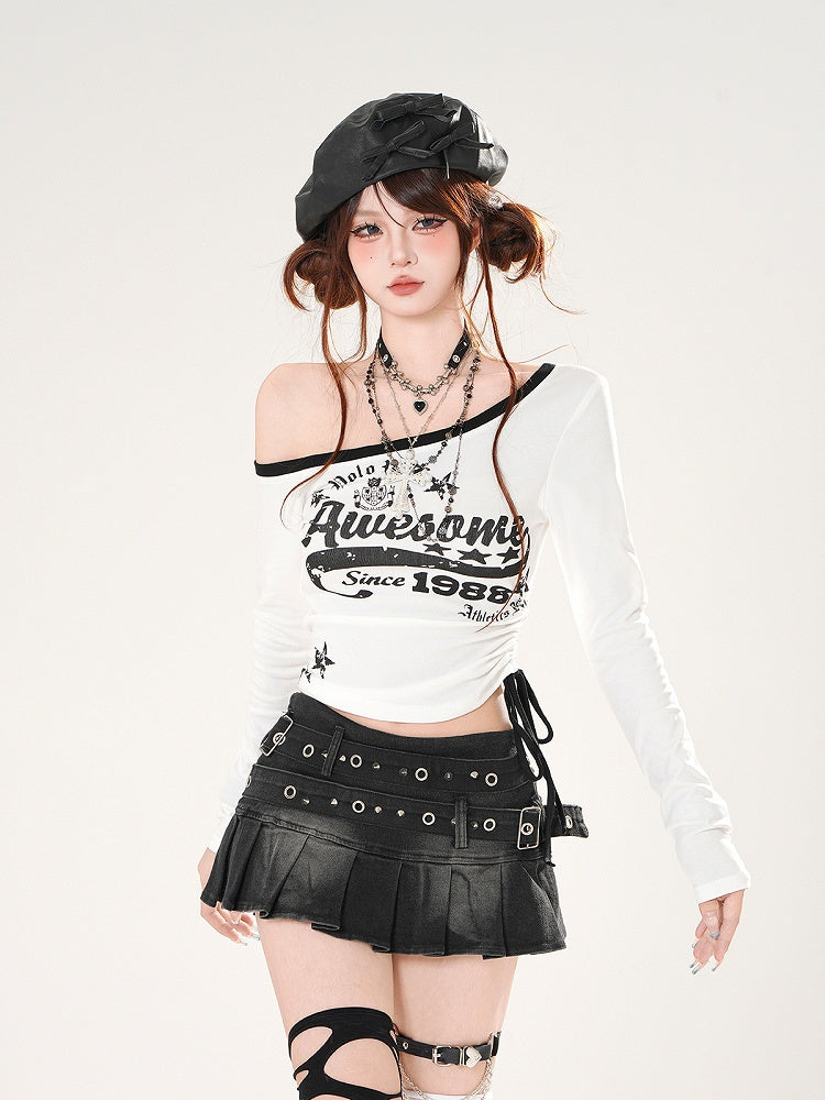 Black/White Asymmetrical Neckline Drawstring Waist Graphic Top