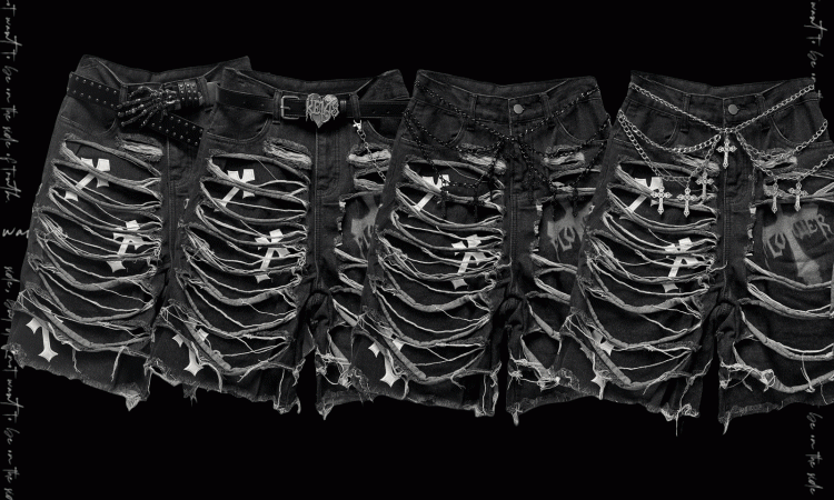 Denim Shorts Y2K Cross Appliques Distressed Holes Dark Gray Glamorous