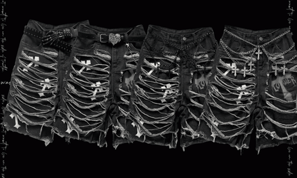 Denim Shorts Y2K Cross Appliques Distressed Holes Dark Gray Glamorous