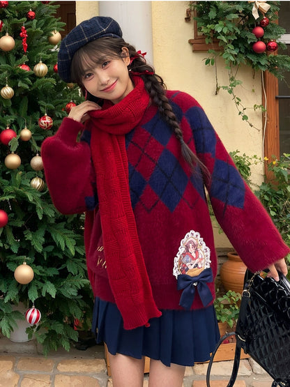 Snow White Princess Red Diamond Pattern Mohair Loose Sweater