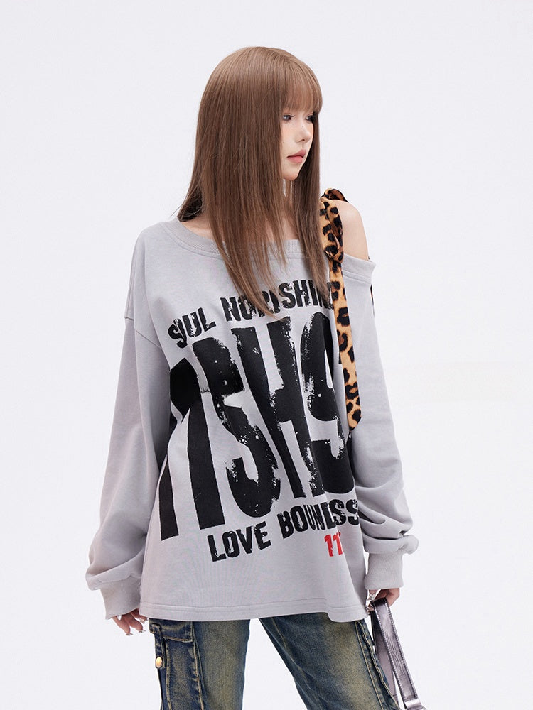 Gray Asymmetrical Neckline Leopard Glamorous Sweatshirt Letter Print Strap