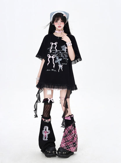 T-Shirt White/Black Cascading Ruffle Accents Bowknots Print Loose