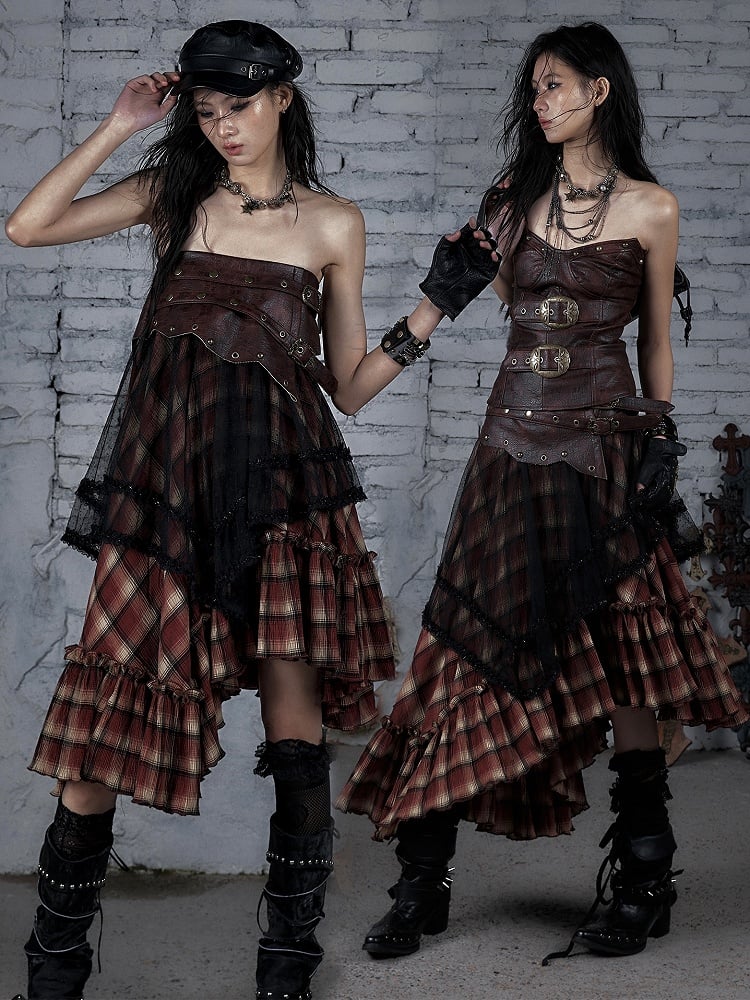 Hem Waistline Wasteland Asymmetrical Studs Punk Skirt BlackRed Plaid PU Pattern Flounce