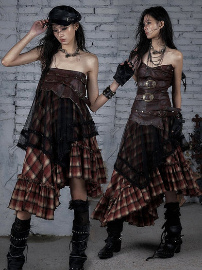 Hem Waistline Wasteland Asymmetrical Studs Punk Skirt BlackRed Plaid PU Pattern Flounce