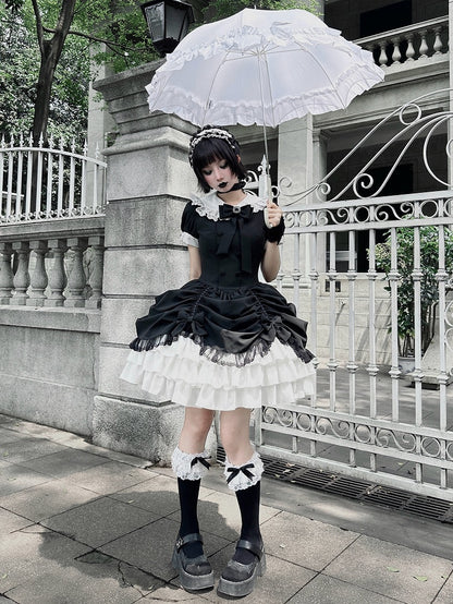 und asymmetrisches Kleid Schwarz Lolita Peter Pan Weißer Rock Stufen Gothic Ärmel Kragen Kurz