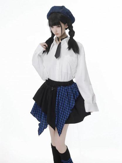 Punk Rock Black and Blue Plaid Handkerchief Hem Skirt