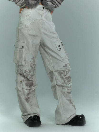 Punk White Streetwear Wide Leg Cargo Jeans