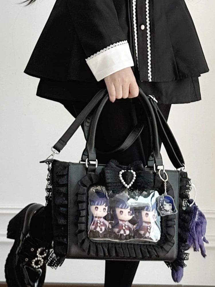 Ita Trim with Jirai Decorated Bowknot Free Holder Lace Beaded Card Bag Heart Kei PVC Black
