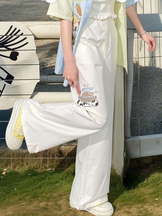 Waist Cartoon Animal Embroidery Regular/Long Wide-Leg Pants Beige High Version