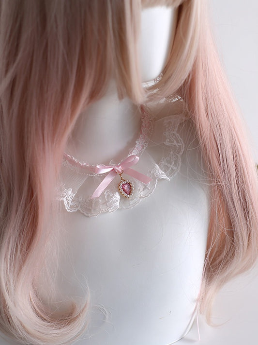 Spitzenhalsband mit Herz, weiß, rosa, Charm, Schleife und süß