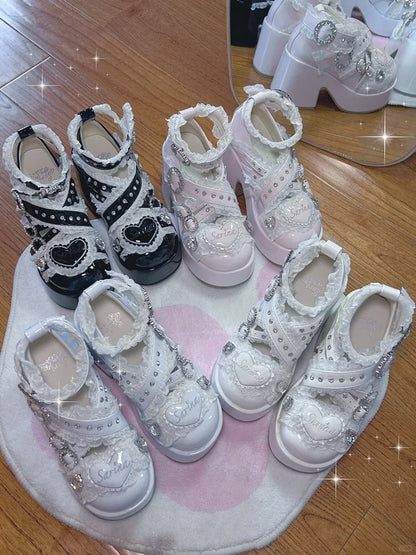 Jirai Buckle with Rhinestone Block Toe and Lace High Heel Embellished Black Straps Shoes: Round Cross Platform Kei
