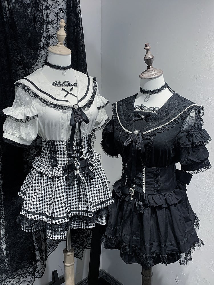 Sleeves Blouse Shoulder Short Beaded Jirai Kei Cutout with Sailor Collar Black/White