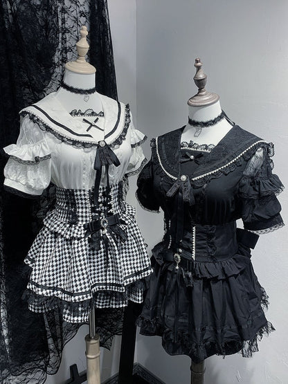 Sleeves Blouse Shoulder Short Beaded Jirai Kei Cutout with Sailor Collar Black/White
