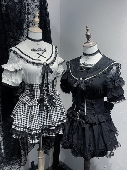 Sleeves Blouse Shoulder Short Beaded Jirai Kei Cutout with Sailor Collar Black/White