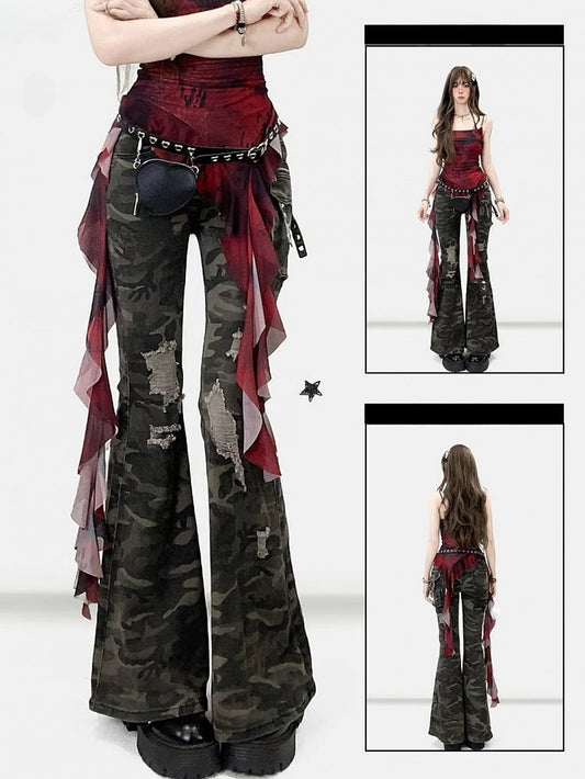 Löcher Flare Jeans Camo Grün Silhouette Details Muster Distressed Armee