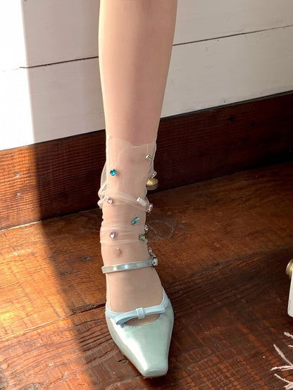 Socks Decorated Rhinestone Calf White