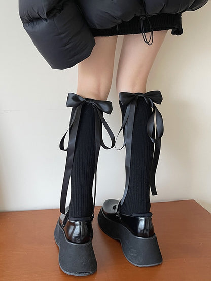 White/Black Sweet Bow Ribbon Calf Socks