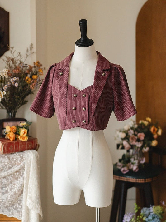 Red Retro Fashion Blazer Collar Butterfly Sleeves Cropped Top