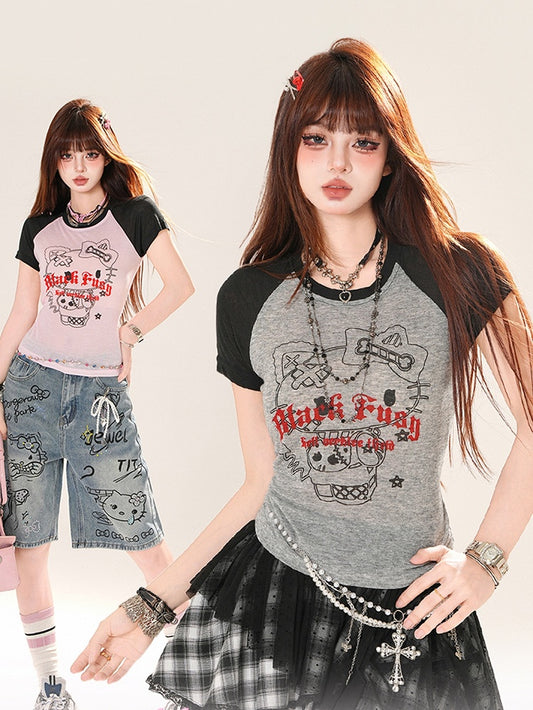 Gray/Pink Colorblock Design Kitty Print T-Shirt
