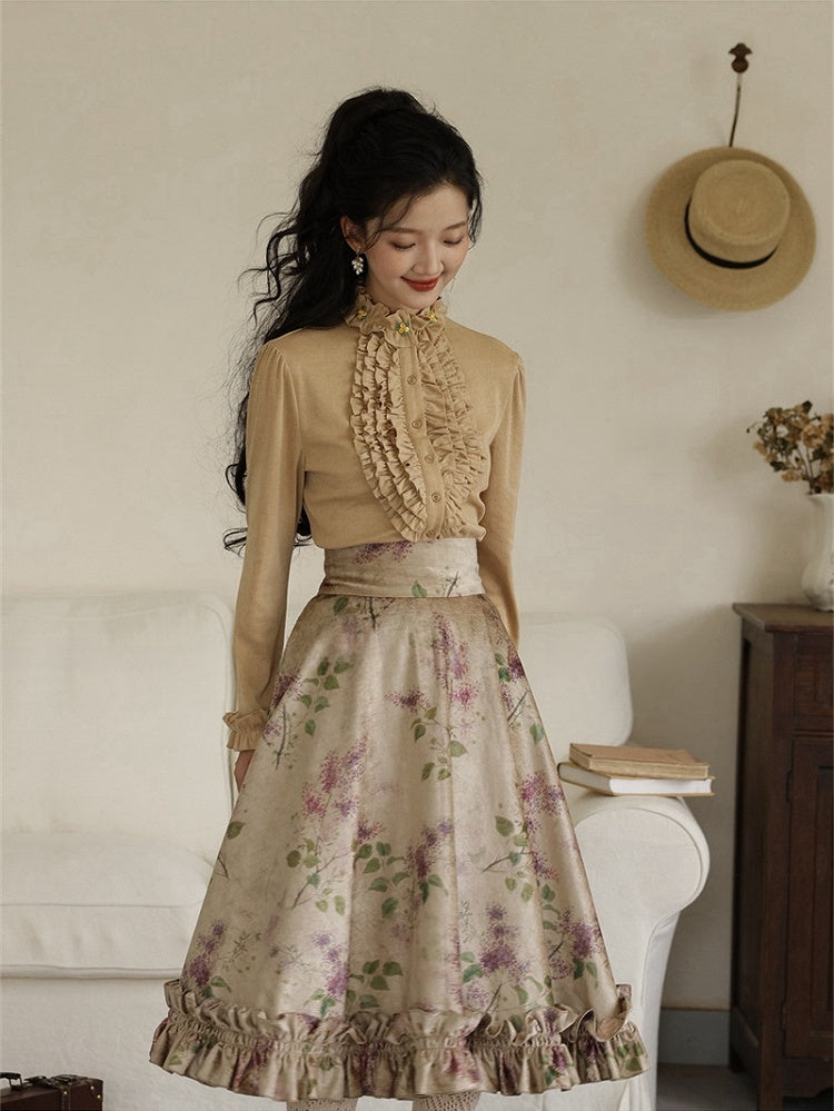 Jupe taille haute à volants et imprimé floral violet vintage