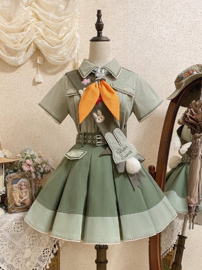 Green Ouji Box Pleated Skirt with Waist Belt