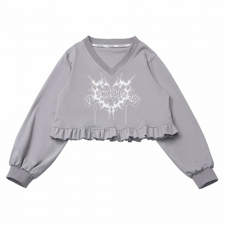 Gray V-Neck Ruffled Hem Cropped Graphic Sweatshirt