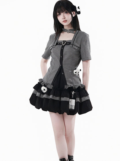 Choker Design Ruffled Hem Plaid Blouse Black Criss-cross All-in-one and