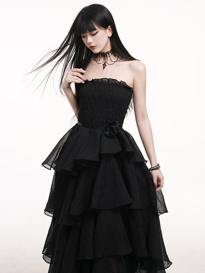 Waist Mesh Black High Prom Gown Dress Tiered Skirt