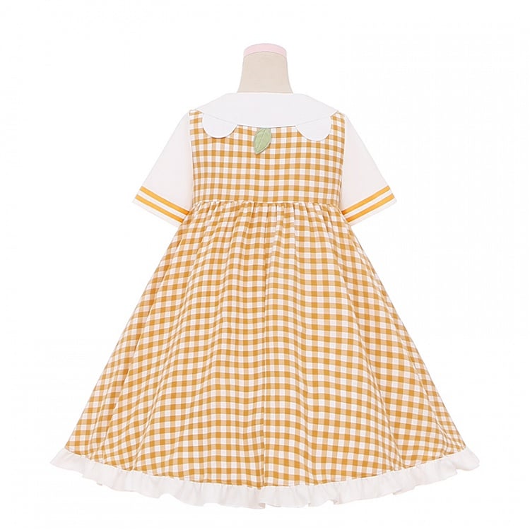 Robe à carreaux et manches courtes à col Peter Pan Orange Bear