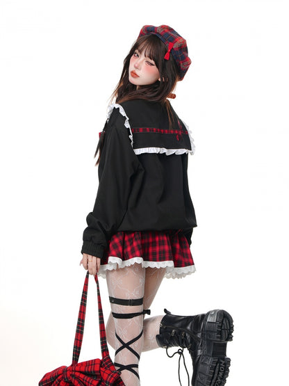 Black Sailor Collar Plaid Bowknot Jacket