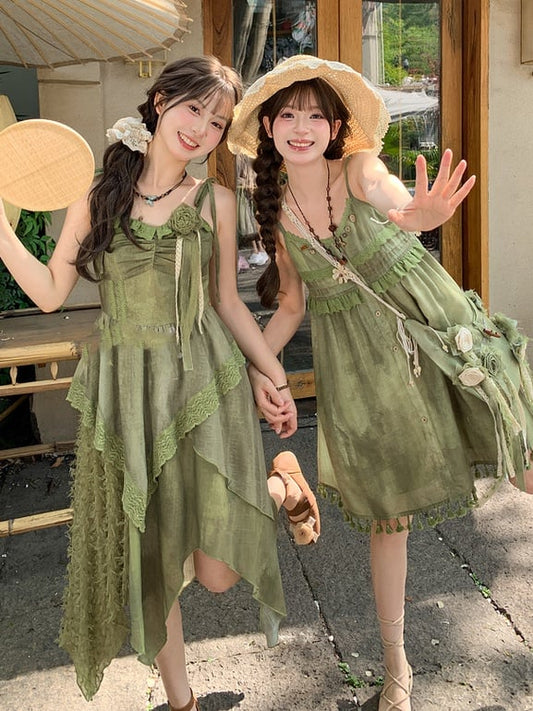 Self-tie Straps Mori Kei Cami with Dress Shoulder Green Handkerchief Hem
