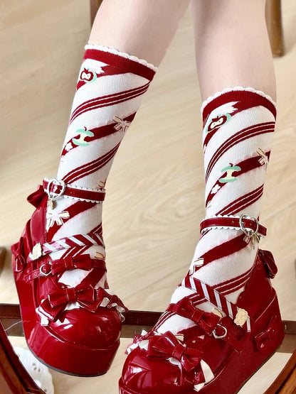 Apple Striped Red Lolita Print Bowknot Socks Calf Pattern