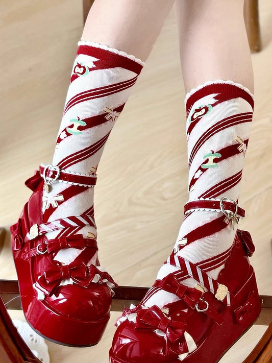 Apple Striped Red Lolita Print Bowknot Socks Calf Pattern