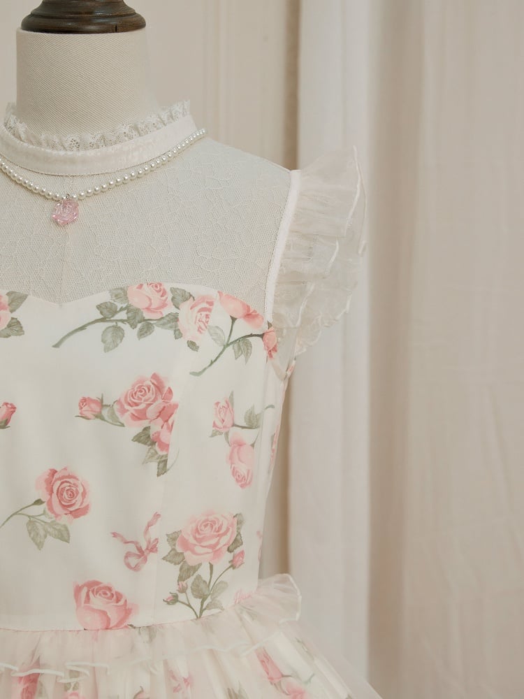 Beaded White Pendant Necklace Pink Rose