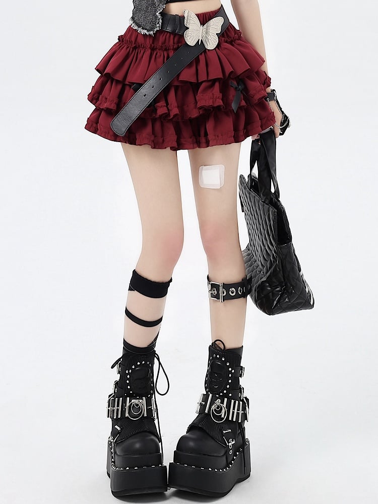 Skirt with Bow Bowknots Sweet Tiered Red Big Free