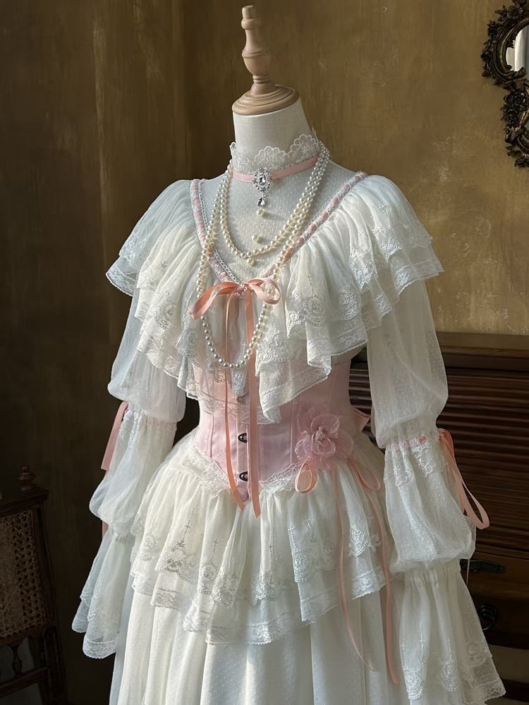 Skirt Necklace Neck Long Blouse Set + Edward Lolita Pink Corset Elegant Beige Beaded - Full Classic