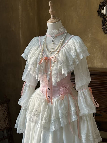 Skirt Necklace Neck Long Blouse Set + Edward Lolita Pink Corset Elegant Beige Beaded - Full Classic
