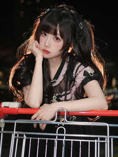 Jirai Kei Decorated Heart Bowknot Rhinestone Hairclips Black/Pink