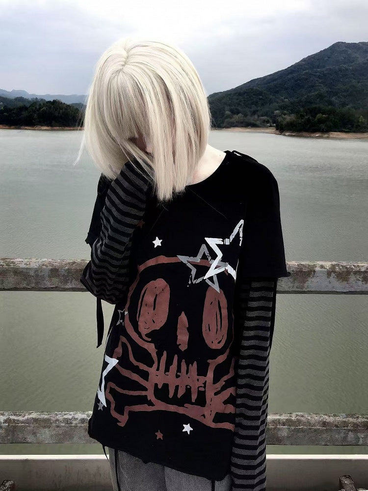 Star Print Punk Rock Black Skeleton Cotton Two-pieces and Top Faux