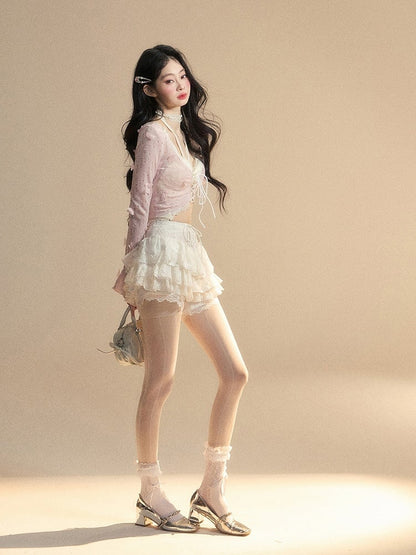 Cropped Top Floral Pink Bell Sleeves Butterfly Glamorous and Set With Top Embellished Lace