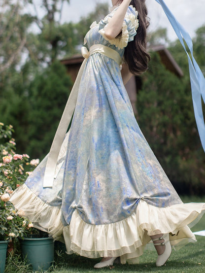 Piece Lolita Maxi One Dress Waist Elegant Classic Painting Blue Empire Oil Print