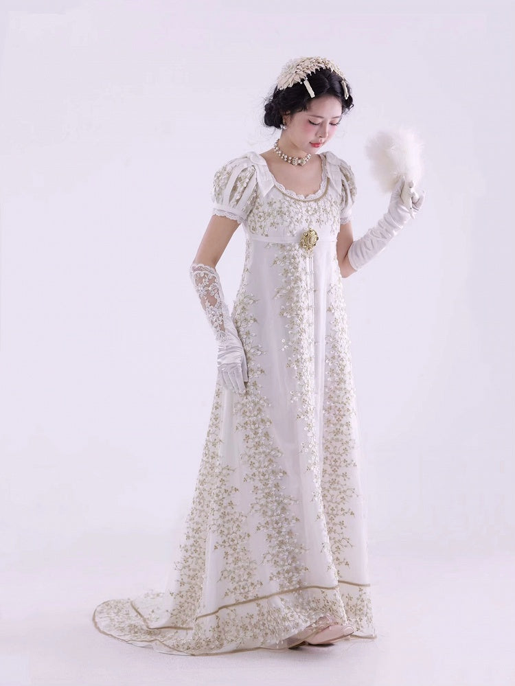 White Empire Waist Floral Elegant Lolita Maxi Dress Floor Length Version
